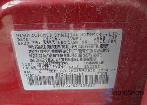 2014 Nissan Sentra Sr z USA, uszkodzony, nr VIN 3N1AB7AP5EY307232